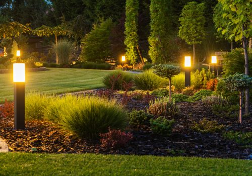 A yard with stunning new Landscape Lighting installed by TCI Companies