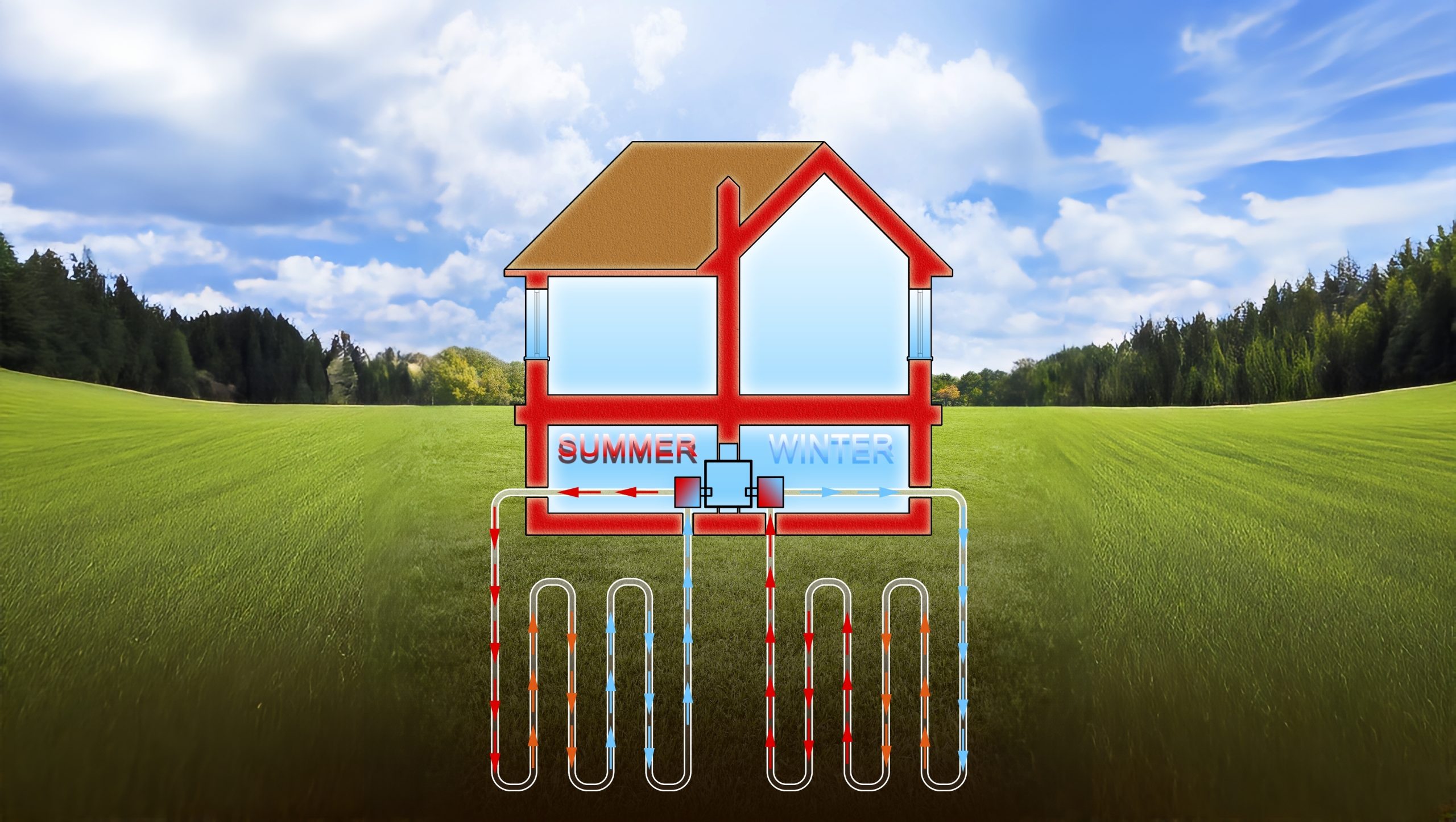 A diagram illustration that explains how geothermal systems work