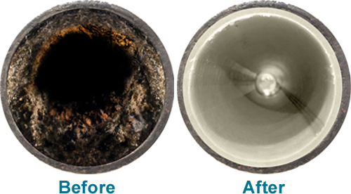 The before and after of a pipe after having Sewer Lining installed by TCI Plumbing