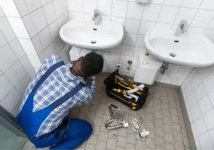 Peoria Plumbers work in a bathroom to fix a sink