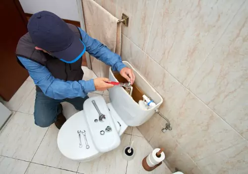 A plumber is seen working on a toilet. TCI Plumbing performs Plumbing Repair in Peoria IL.