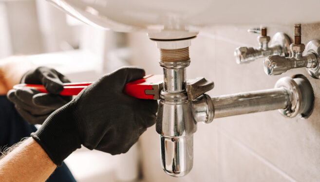 A Peoria Plumber fixes a sink pipe with a wrench in a bathroom, showcasing precision and craftsmanship